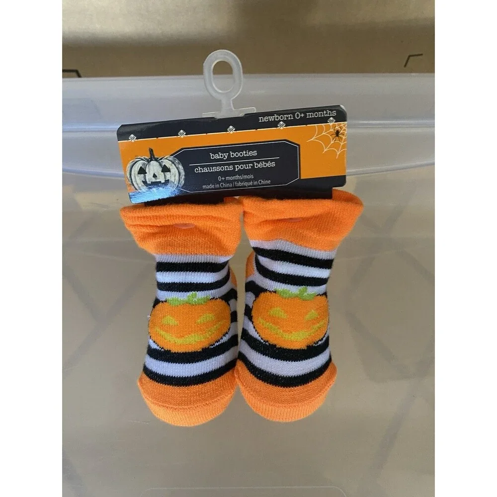 NWT Halloween Baby Booties Newborn 0+ Pumpkin Striped Orange Black White Socks